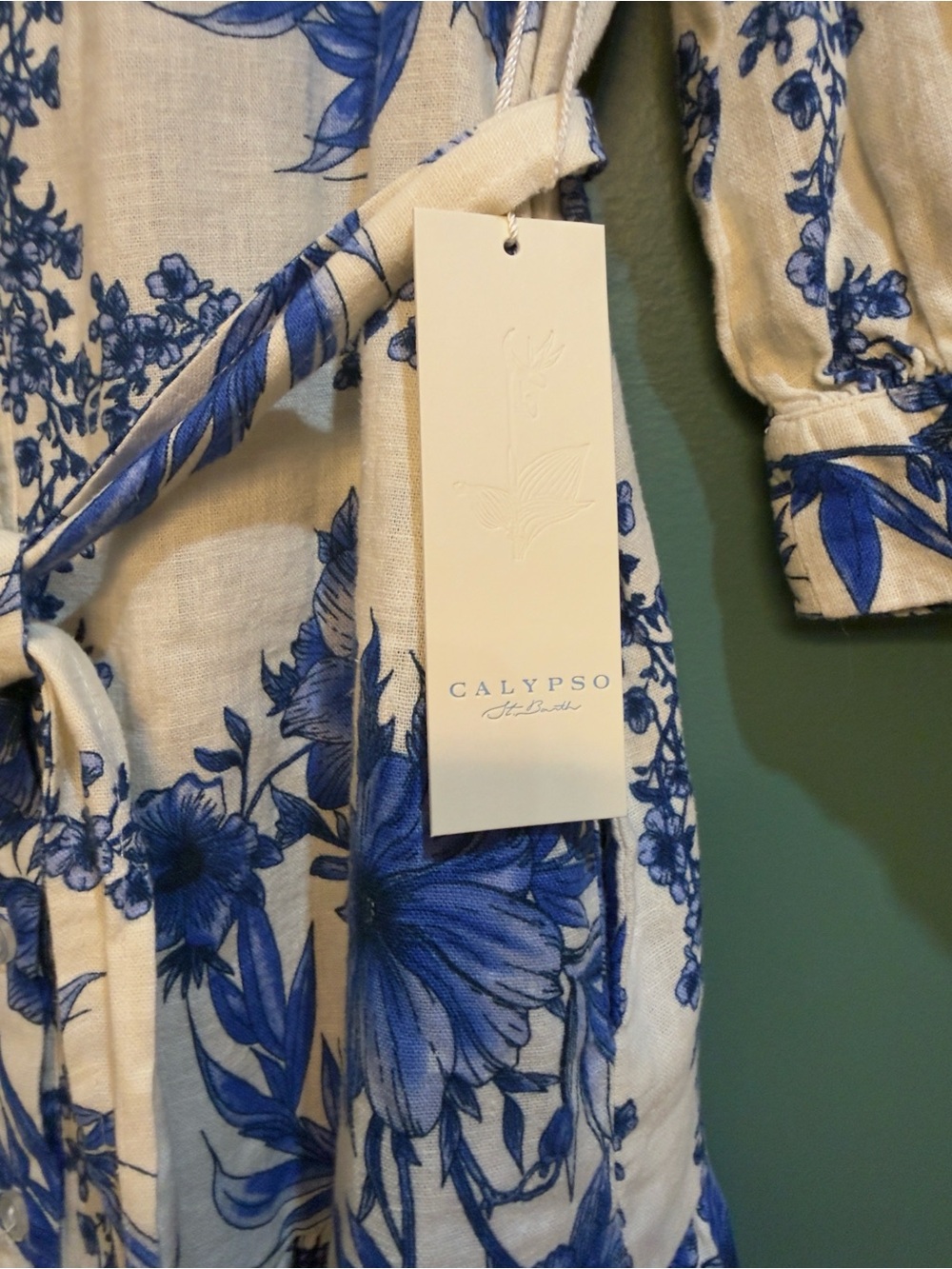 Calypso St. Barth Cream and Blue Floral Tie-Waist Mini Dress Size Medium NWT - Picture 6 of 7